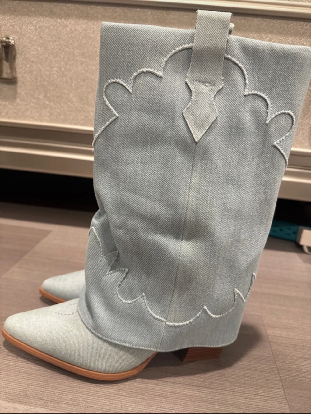 PrettyLittleThing Light Blue Denim Western Ankle Boots